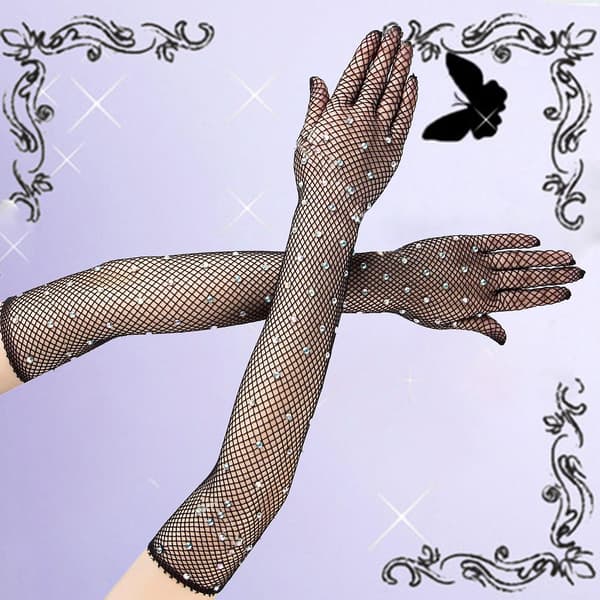 1 par kvinners hansker hullet ut mesh rhinestone elastisk kvinners votter