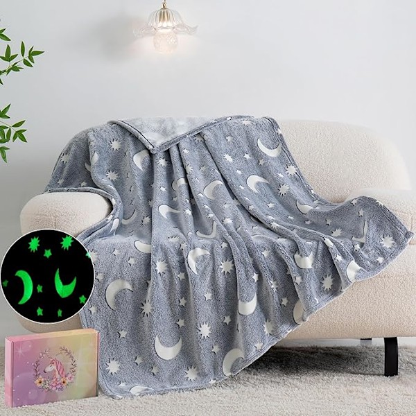 100*150cm Glow in The Dark Månefilt för Pojkar Flickor, Lysande Filt Födelsedag för Barn Småbarn, Mysig Mjuk Fluffig Flanell Fleece Napp Sov