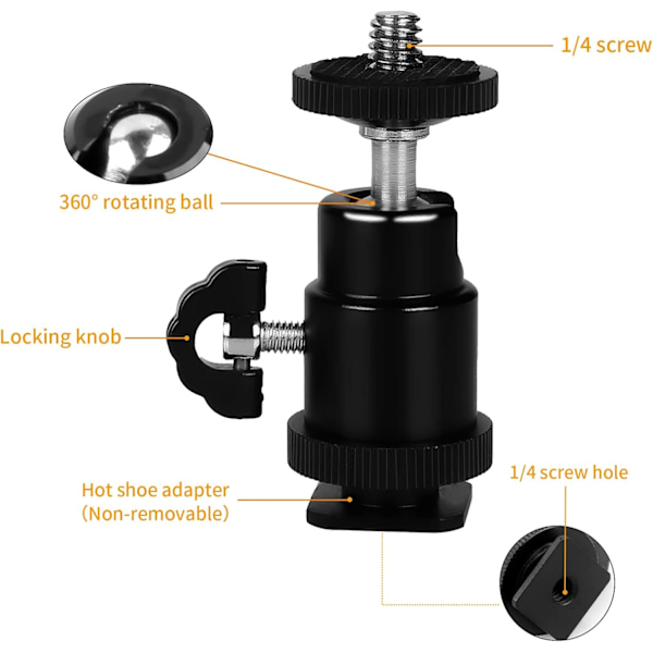 Mini Kulhuvud med 1/4 Tum Hotskoadapter Kulhuvud Stativhuvud Stöd Stativ Kulhuvud för Kamera Monitor Videoljus 2-pack
