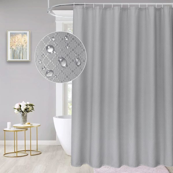 Grå Duschdraperi, Extra Lång Duschdraperi Våffeltyg Duschdraperi för Badrum med Metall Öglor, Viktad Fåll, Maskintvättbar, Hotelkvalitet, 72\" B x 72\" H