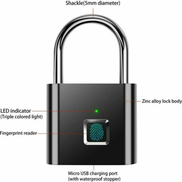 Fingeravtryckslås, supervattentät, nyckellös, USB-laddningsbar,