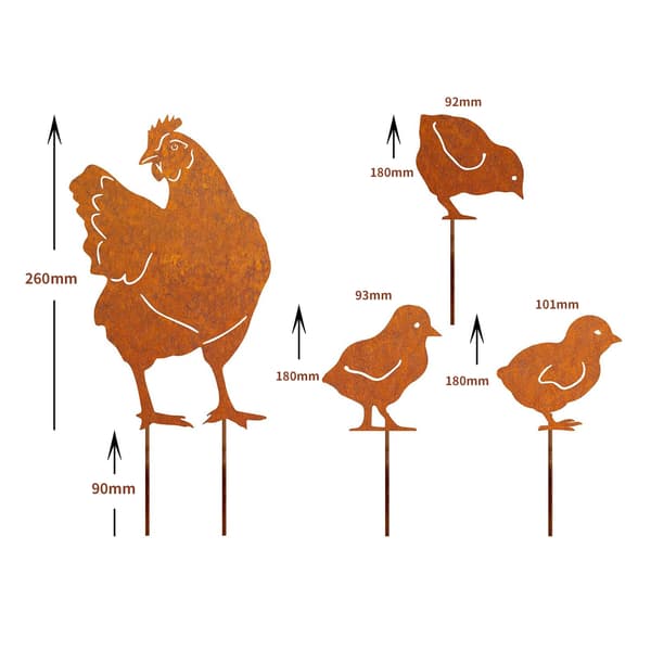 Rusty Chickens Hagedekorasjon, Naturlig Rust Patina, Hagedekorasjon R