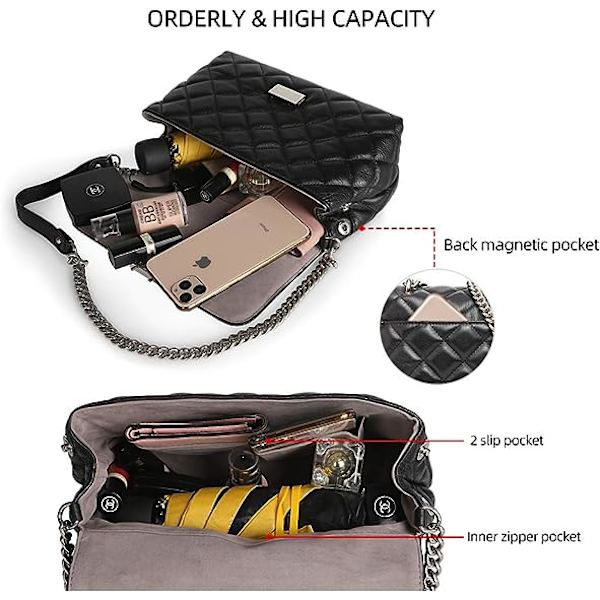 Nahkainen, tikattu olkalaukku, klassinen crossbody-laukku metalliketjulla, musta