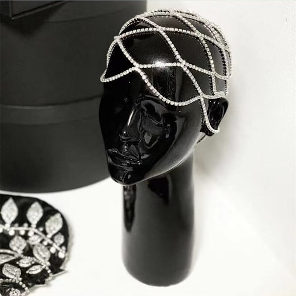 Rhinestone Mesh Headpiece Cap Silver Roaring 20s Crystal Flapper