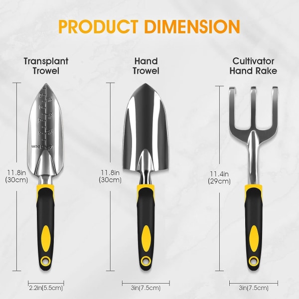 3-delt, robust aluminium haveudstyr, inklusive håndskovl, plante