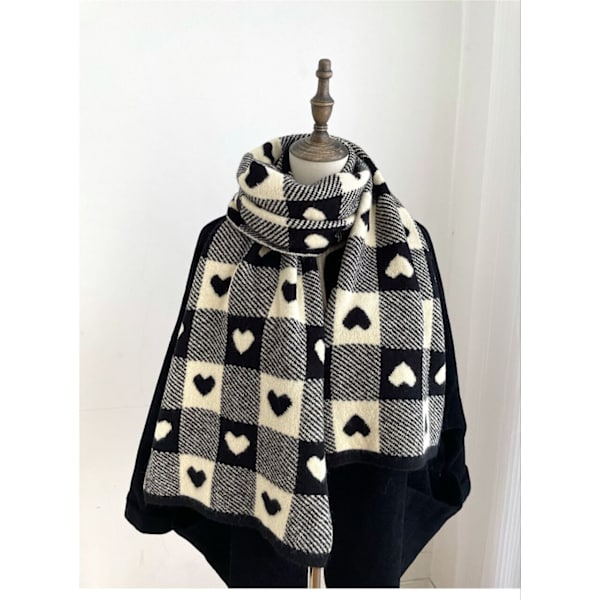 Damhalsduk Svart och Vit Hjärtmönster Halsdukar för Kvinnor Tjock Kashmir Vinter Sjal Retro Rutig Pashmina