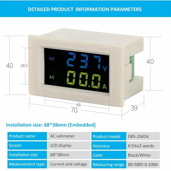 Dobbelt Amperemeter LCD Voltmeter, Ac80-500V\" D85-2042A, AC Digital Volt