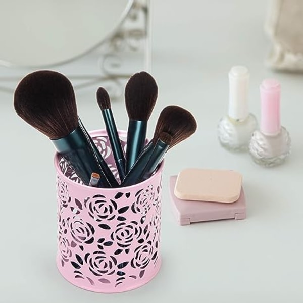 Metallros blomma ihålig penna penna behållare smink kosmetika borstar hållare arrangör (rosa)