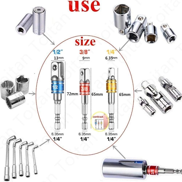 Hylshållare Adaptrar på Borr/Slagskruvdragare. Set med 3 fyrkantsfäste chuckadaptrar 1/4\", 1/2\", 3/8\"