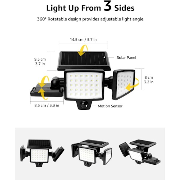 72 LED solcellslampor utomhus rörelsesensor 1200LM 6500K, 360° roterbar