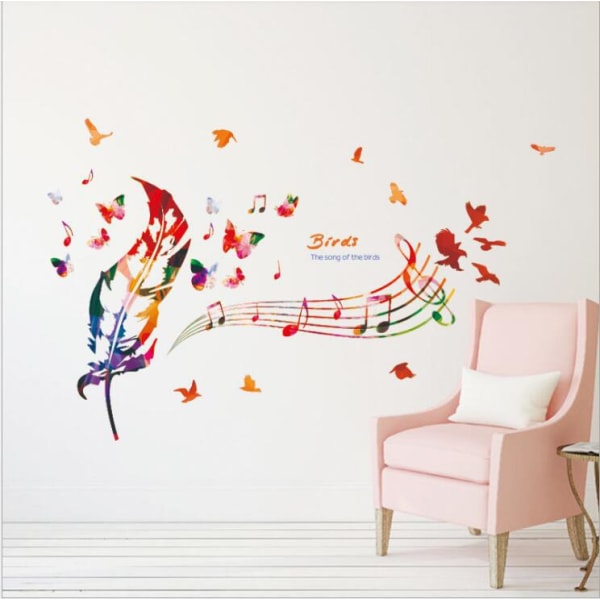 Färgglada musiknoter väggdekaler med färgglada fjäder, fåglar a