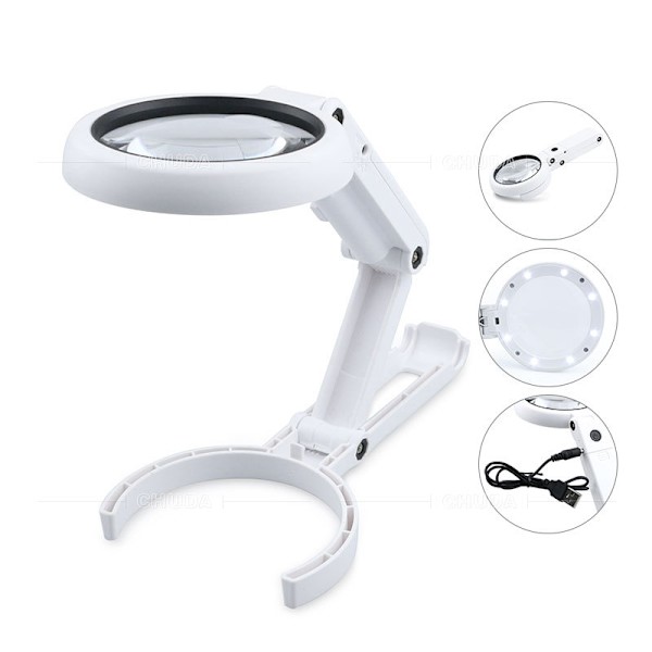 5 X Handhållen förstoringsglas - Fällbart skrivbordsstativ - Förstoringsglas med ljus och stativ - Laddas med batteri eller USB-kontakt - 8 LED-lampor