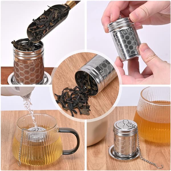 Te-infusionssæt, te-si i rustfrit stål, tefilter, te-si med lang kæde og drypbakke, egnet til brygning af te i kopper og tekander