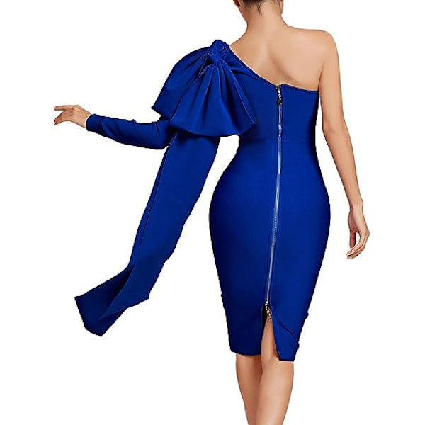 Damklänning med en axel, rosett, lång ärm, bodycon, knälång, klubb
