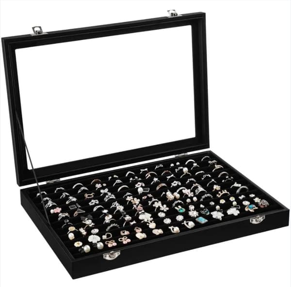 Smyckesdisplay, Smyckeskrin, för Ringar, Örhängen, Glaslock, Svart
