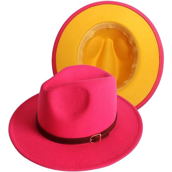 Kvinder Klassisk Tofarvet Fedora Hat Filt Patchwork med bred skygge C