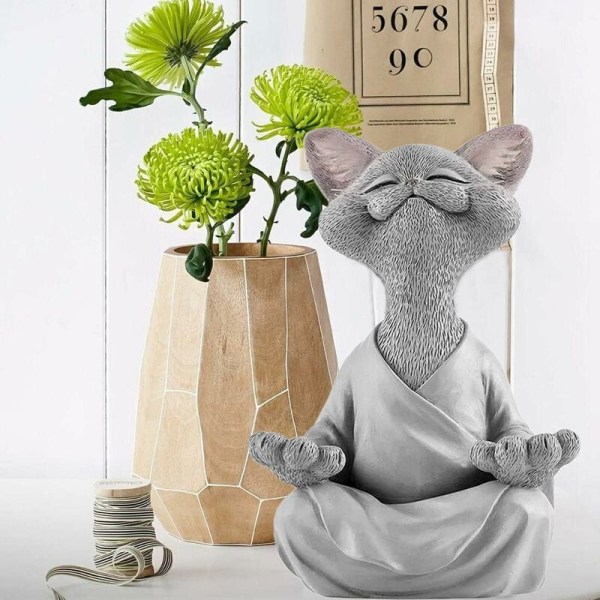 Resin Meditating Cat, Grey Cat Buddha Statue Meditation, Yoga Bud