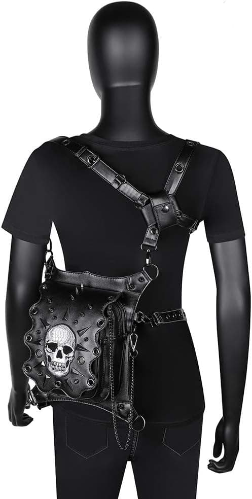 Dödskalle midjeväska, Steampunk nitar bältesväska, gotiska läder budväskor, Shou