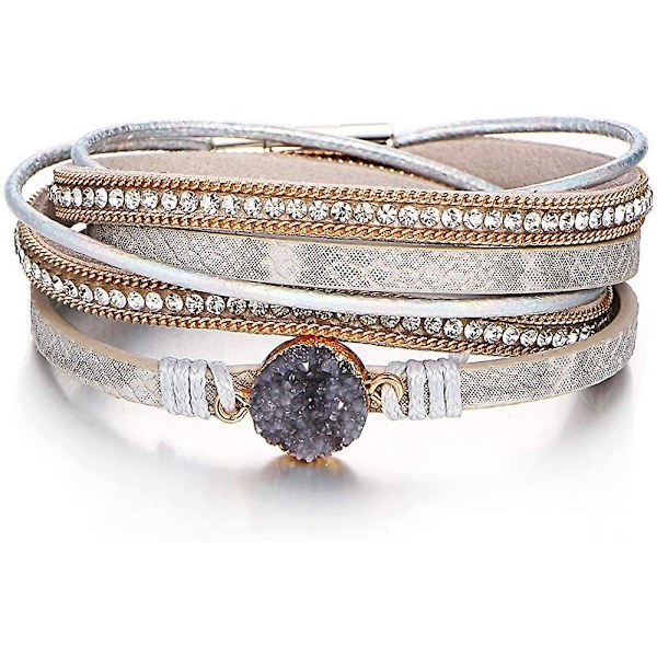 Läderomslag Armband För Kvinnor. Boho Leopard Flerskikts Kristall