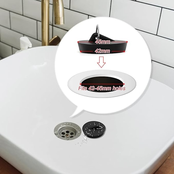 Badkarspropp med kulkedja i rostfritt stål (45 mm), svart gummipropp med lång kedja för badkar, kök, diskho