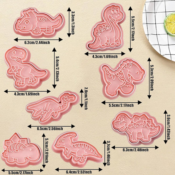 8 stk Dinosaur Pattern Animal Biscuit Stamp, Cartoon Cookie Cutter, Bil