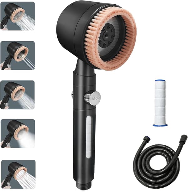 Massage Bruseshoved med Rensende Massagefunktion, Vandbesparende, med 1,5m Slange og 2 Filter, 5 Strålemønstre (Metalgrå)