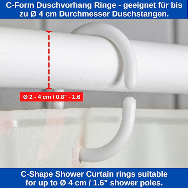 Vita duschdraperiringar, 12-pack, vita duschdraperikrokar