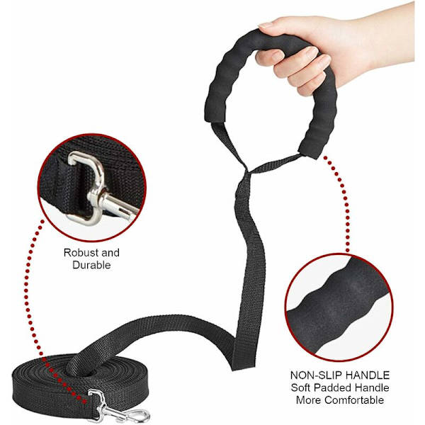 Hundetreningsbånd - 10 m langt - Nylon - for store hunder - med komfortabelt polstret håndtak - for kjæledyrsporing, camping, lek og hagearbeid (10 m)