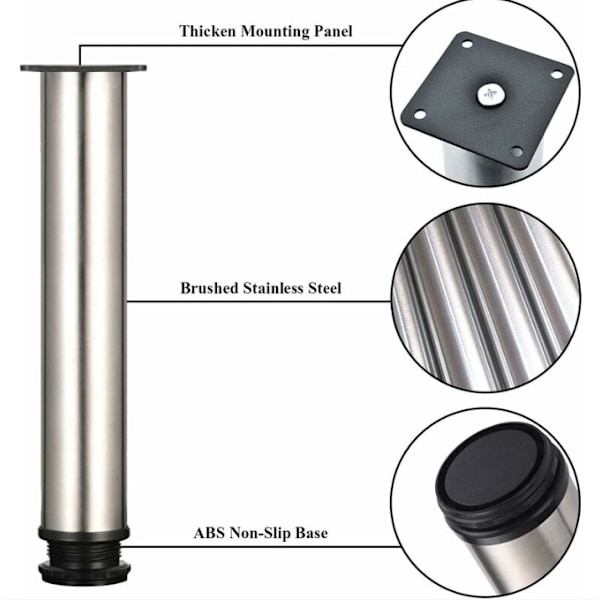 Justerbare Fødder - Højde 250mm, Tykke Møbelben, Justerbar Højde 0-15mm, Bordben, Møbelben, Børstet Rustfrit Stål - Rustfrit Stål