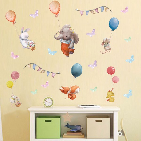 En set ballonger väggdekaler med djur elefant kanin räv