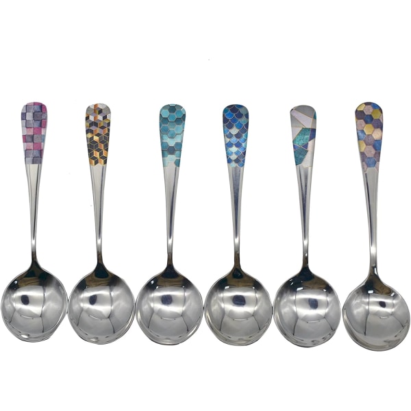 6pcs cuillères à soupe à tête ronde avec motif d'impression de mo