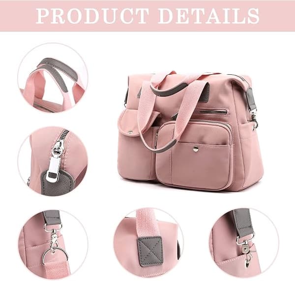 Dam Tote Bag Nylon Multi Pocket Axelväskor Laptop Arbetsväska Lärarväska och Handväskor（Rosa）