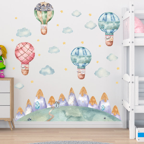 A Set of Kids Room Wall Stickers Hot Air Balloon Clouds Stars Wal