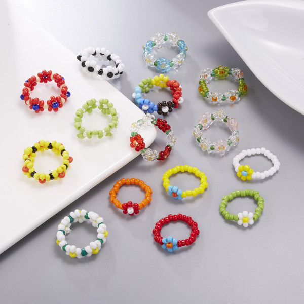 Boho 15stk Blomsterfarvede Perleringe Justerbare Ringe Kvinder Børn Smykker Gaver