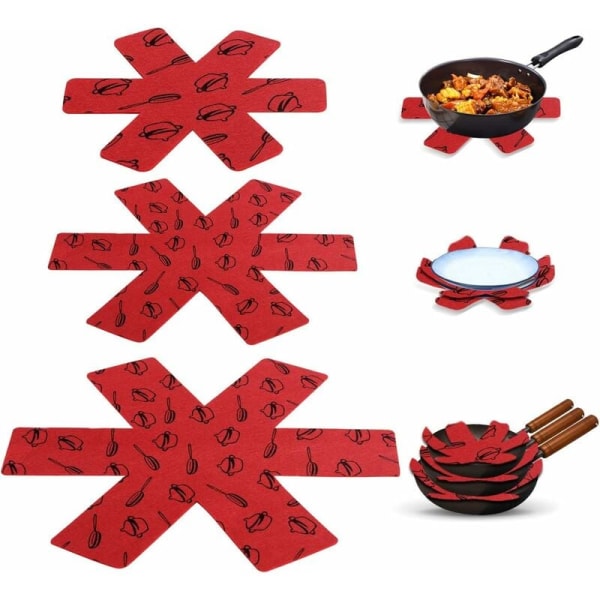 Förpackning med 12 stycken högkvalitativt printed filt och grytlock Distansstycken Distanser och skydda köksredskapsytan från repor (röd)