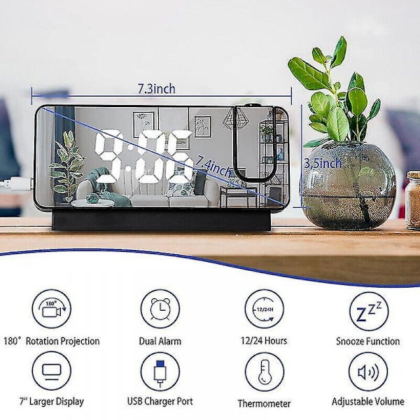 Led-spegelprojektionsväckarklocka termometer digital roterad display Usb svart
