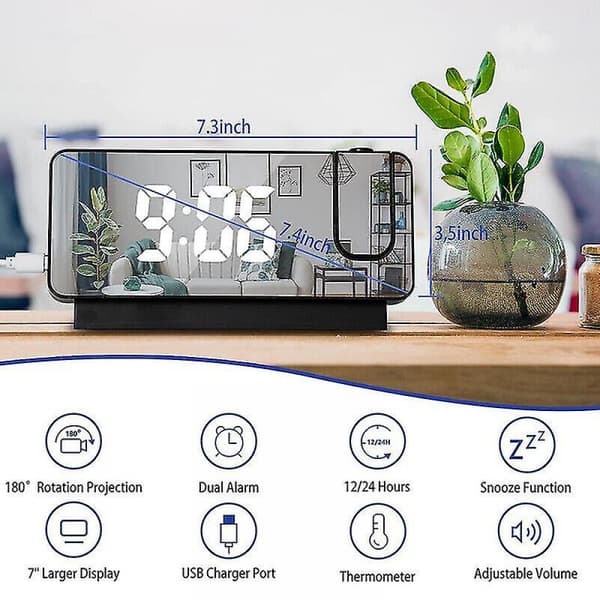 Led-spejlprojektionsvækkeurtermometer digitalt roteret display Usb sort