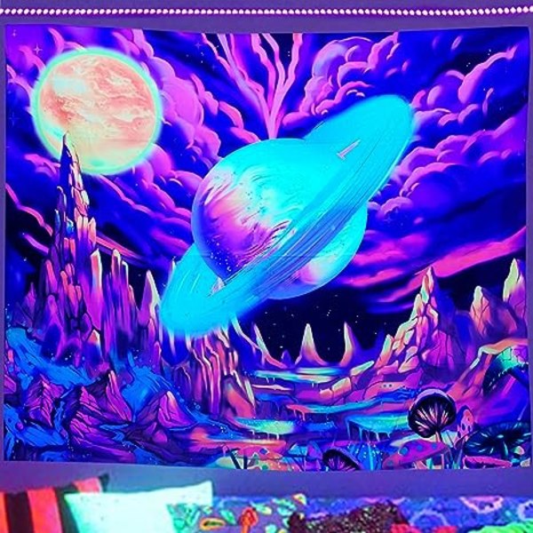 Mountain Tapestry UV Reactive Psychedelic Galaxy Sunset Black Lig