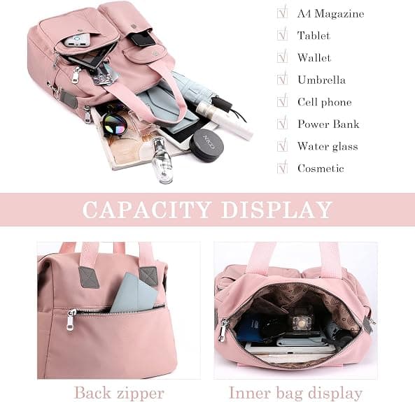 Dam Tote Bag Nylon Multi Pocket Axelväskor Laptop Arbetsväska Lärarväska och Handväskor（Rosa）