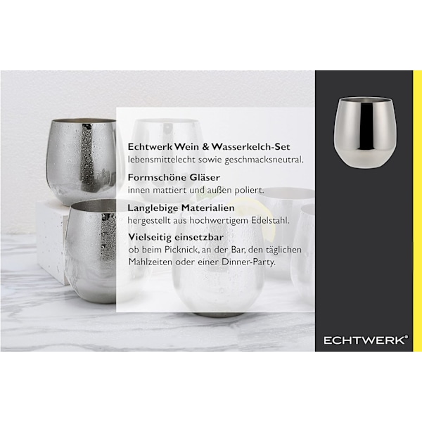 Sæt med 6 rustfri stål vin- og vandglas, sølvudgave, 500 ml, 10 x 7,6 cm, 10 x 7,6 cm
