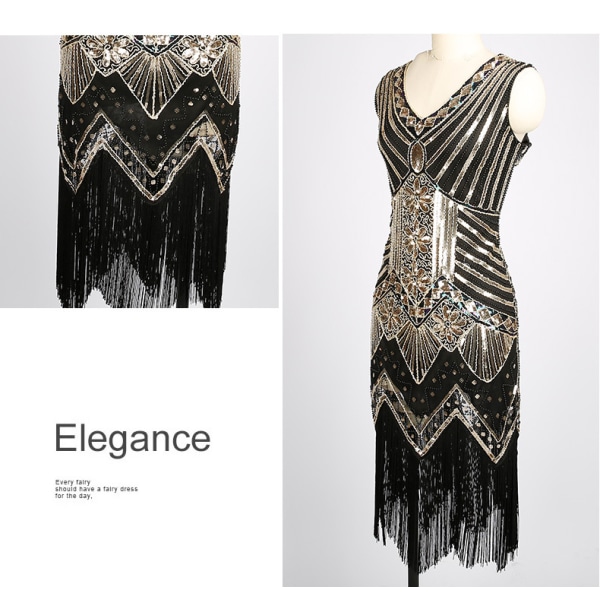 Women's Flapper Dresses  V Neck Beaded Fringed  Dress（Black Gold-