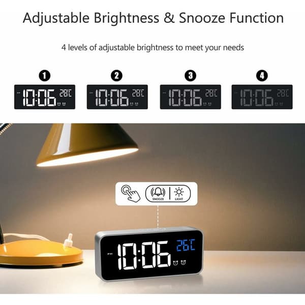 Digital väckarklocka, LED-spegellarmklocka med temperatur/snooze