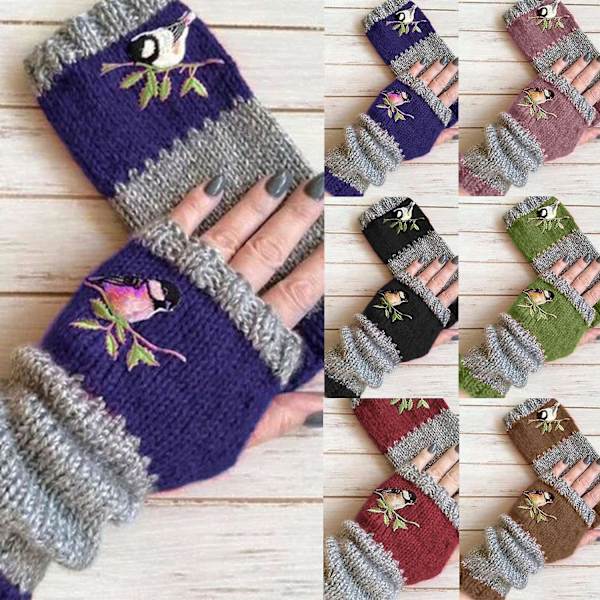 Kvinnor Höst Vinter Fågel Broderade Handskar Stickade Fingerlösa Färg