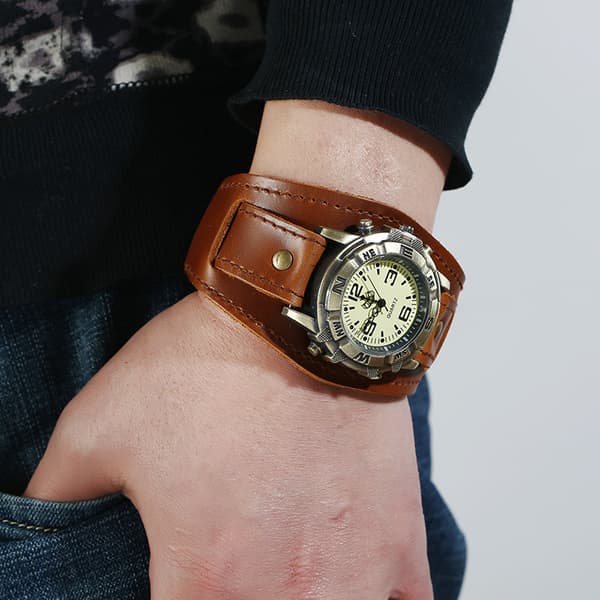 Unisex Punk Retro Bronze Rund Dial Brun Bred Læder Bælte Rem Strop