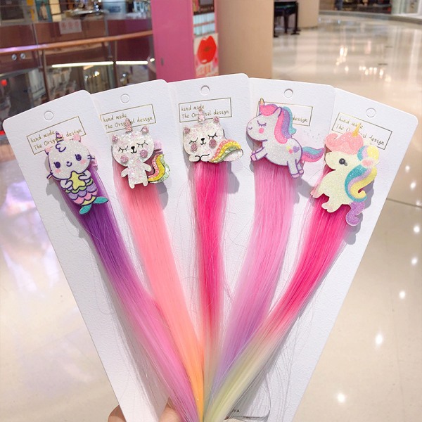 7 färger Unicorn rosettklämmor med färgat hårförlängning Glitter B