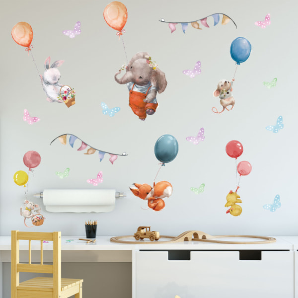 En set ballonger väggdekaler med djur elefant kanin räv