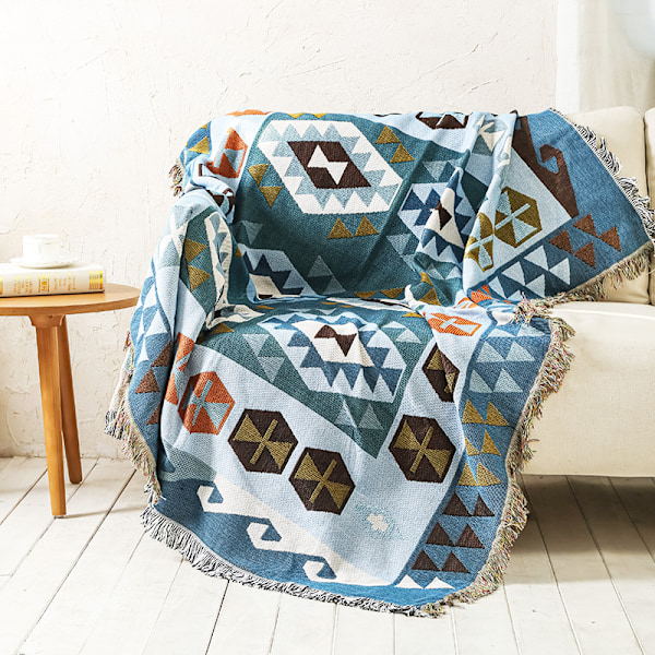 Bohemisk blå etnisk vävd geometrisk blå och khaki soffkast för soffa, aztekisk sängöverkast, överdimensionerat sofföverdrag med tofsar (90*150cm)