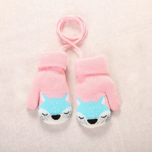 Baby Gloves Cartoon Fox Hanging Rope Autumn Winter Warm Plush Kni