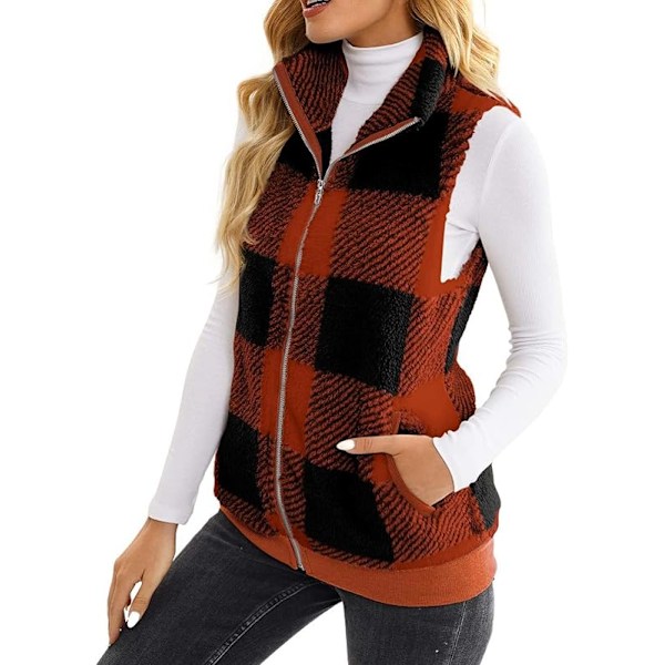 (M) Dam Vinter Plaid Fleece Väst Casual Fuzzy Ärmlös Fuzzy Sherpa Väst Fluffig Dragkedja Jacka Varm Ytterkläder