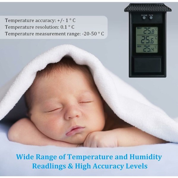 Växthus Termometer, Vattentät Minsta Digitala Växthus Termometer Monitor 0,1°C Upplösning, Temperaturintervall -20 till 50, Batterier Ingår Ej, Melonfröpuré, Svart